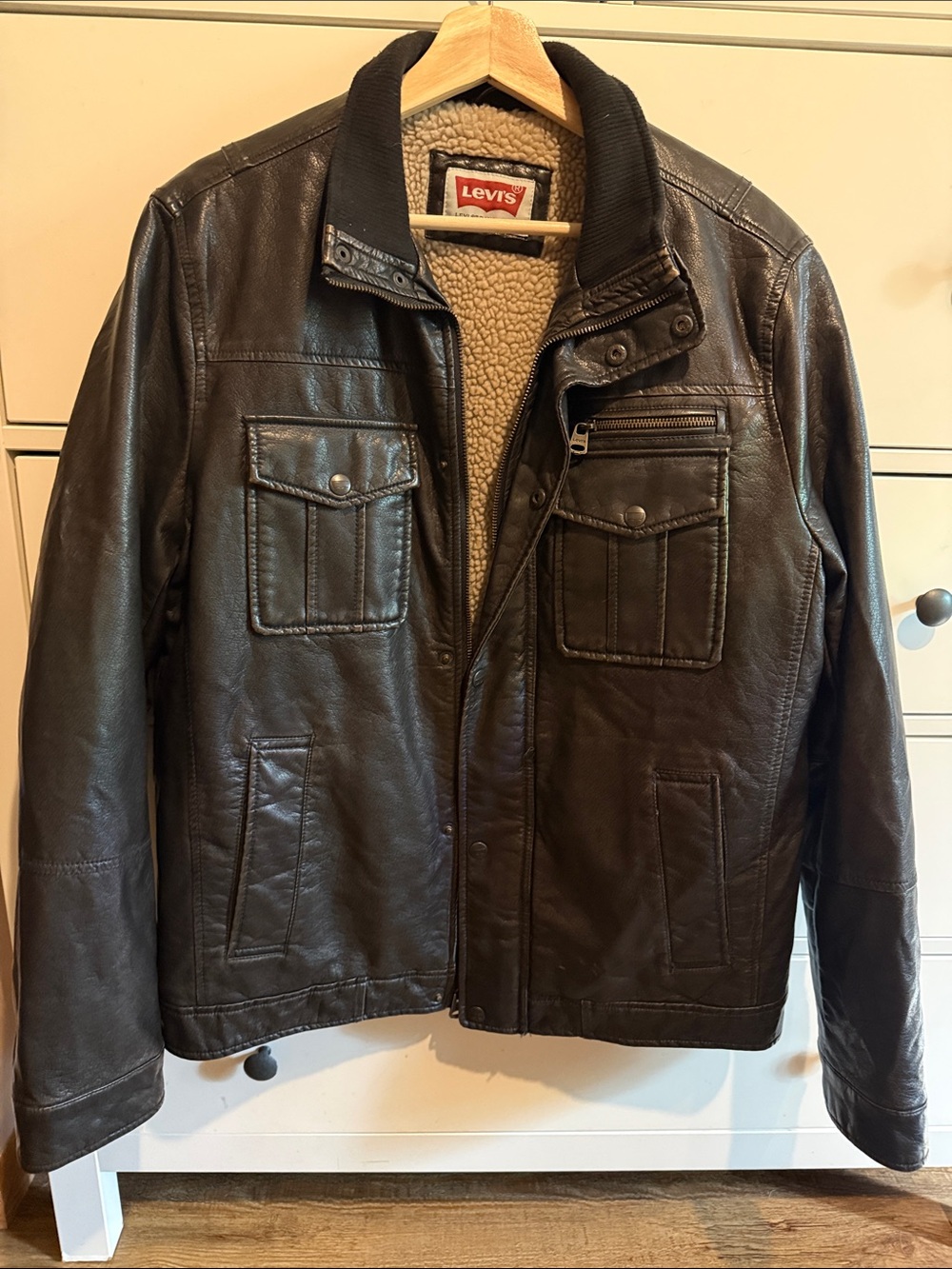 Levi's Dark Brown Faux Leather Bomber Jacket with Cream Sherpa Lining
